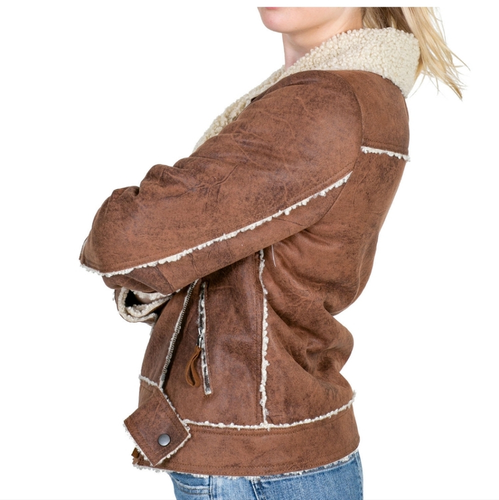 🏷️Marrakech Marissa Sherpa Lined Moto Jacket Women's Distressed Brown Large - Picture 3 of 5